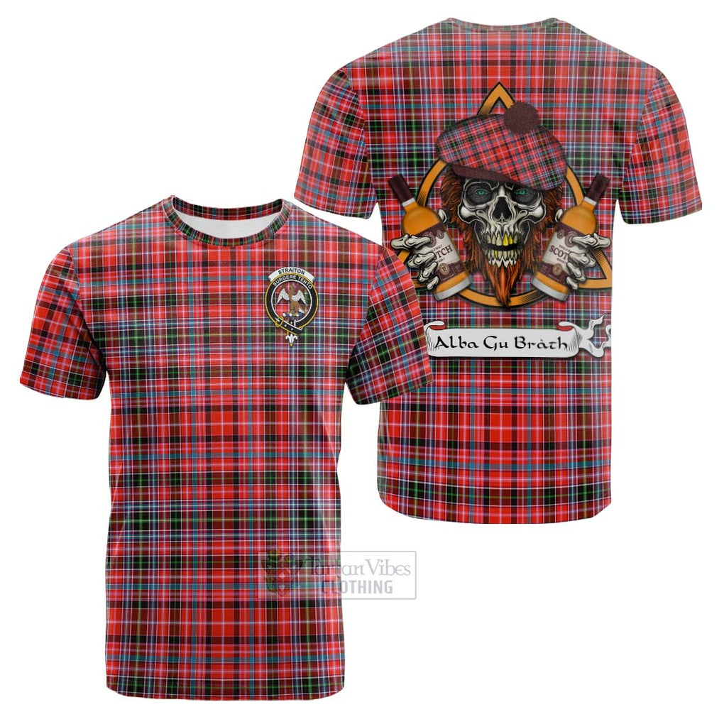 Tartan Vibes Clothing Straiton Tartan Cotton T-shirt with Family Crest and Bearded Skull Holding Bottles of Whiskey