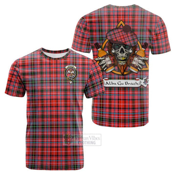 Straiton Tartan Cotton T-shirt with Family Crest and Bearded Skull Holding Bottles of Whiskey