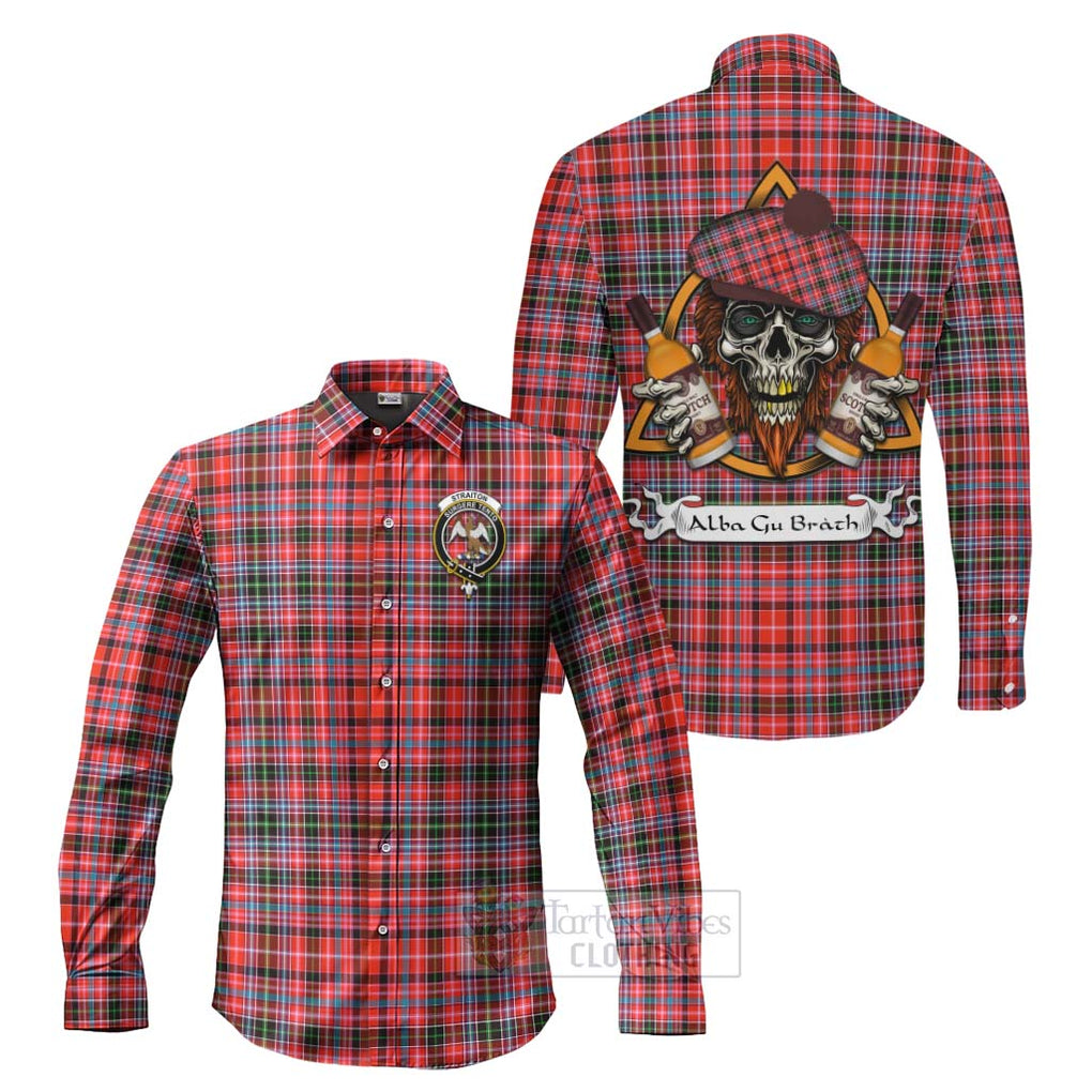 Tartan Vibes Clothing Straiton Tartan Long Sleeve Button Shirt with Family Crest and Bearded Skull Holding Bottles of Whiskey