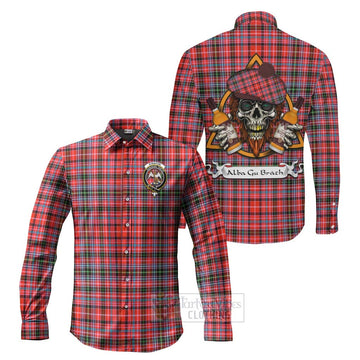 Straiton Tartan Long Sleeve Button Shirt with Family Crest and Bearded Skull Holding Bottles of Whiskey