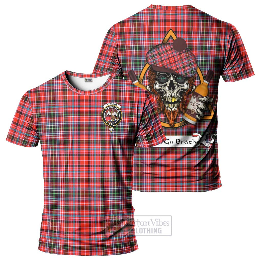 Tartan Vibes Clothing Straiton Tartan T-Shirt with Family Crest and Bearded Skull Holding Bottles of Whiskey