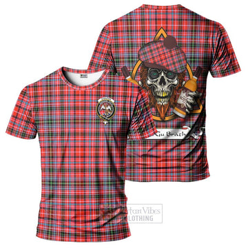 Straiton Tartan T-Shirt with Family Crest and Bearded Skull Holding Bottles of Whiskey