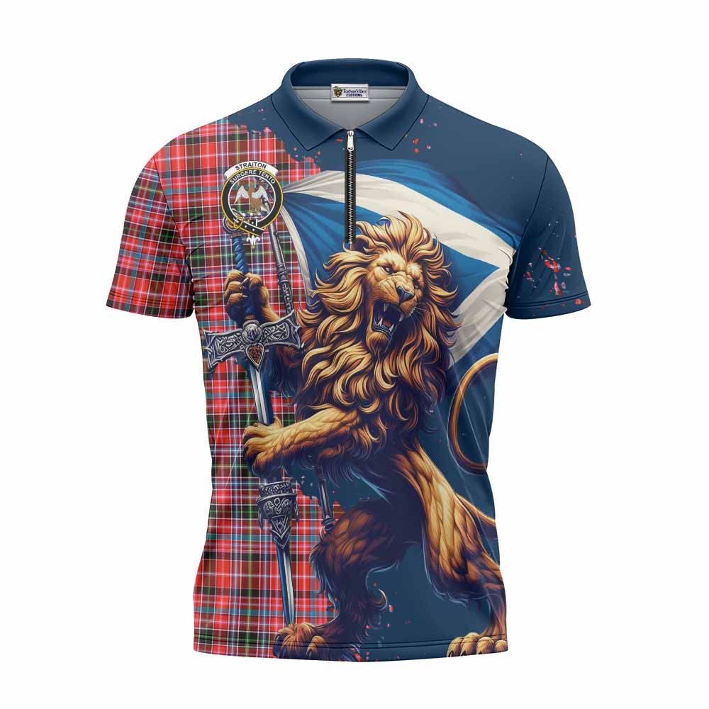 Tartan Vibes Clothing Straiton Tartan Family Crest Zipper Polo Shirt with Scottish Majestic Lion