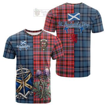 Straiton Tartan Cotton T-shirt Happy St. Andrew's Day Half Tartan Style