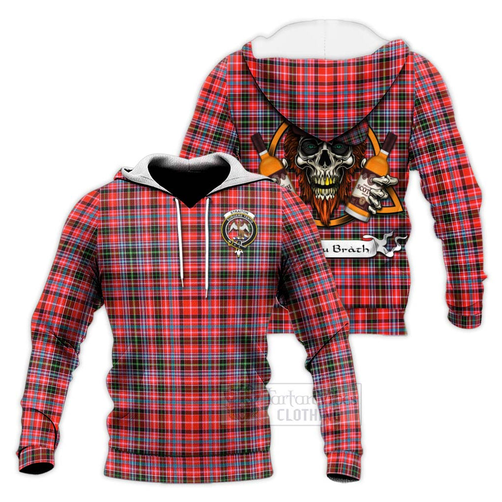 Tartan Vibes Clothing Straiton Tartan Knitted Hoodie with Family Crest and Bearded Skull Holding Bottles of Whiskey