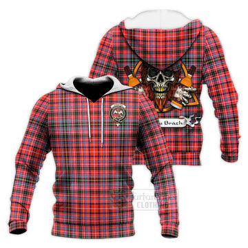 Straiton Tartan Knitted Hoodie with Family Crest and Bearded Skull Holding Bottles of Whiskey