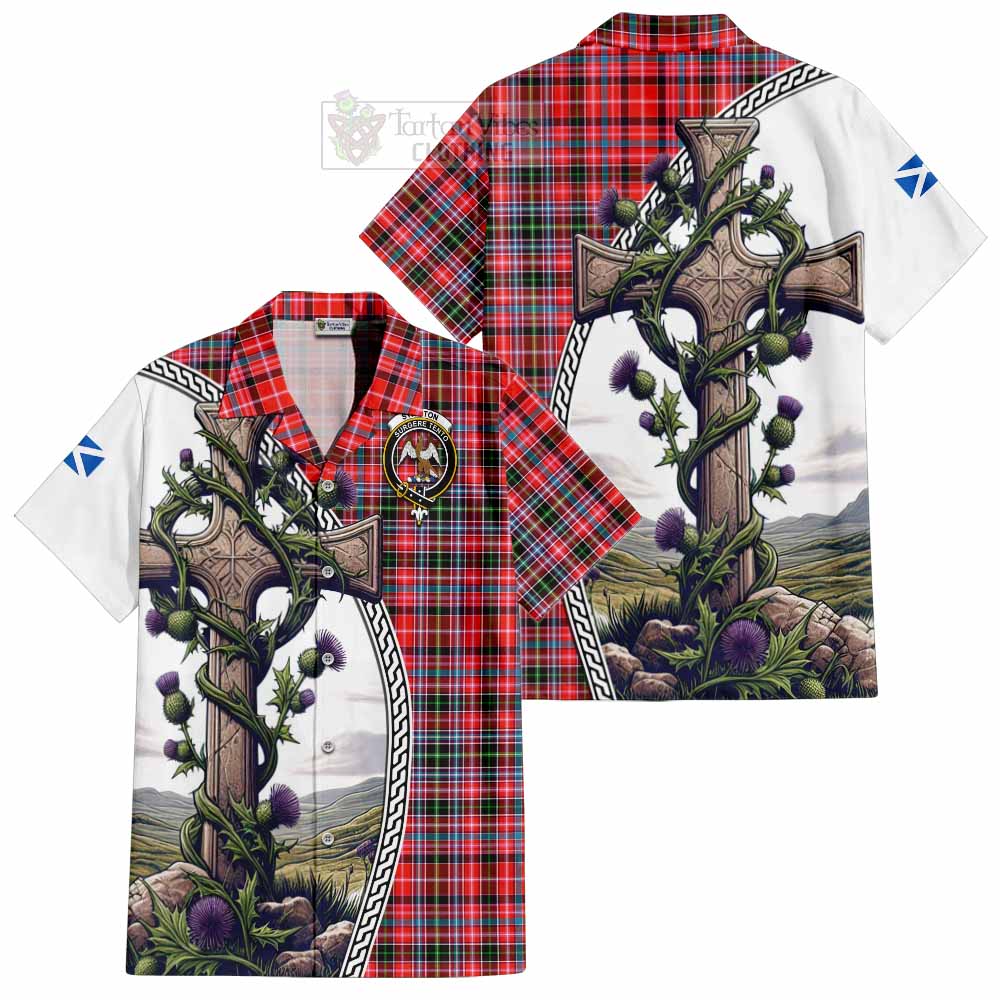 Tartan Vibes Clothing Straiton Tartan Short Sleeve Button Shirt with Family Crest and St. Andrew's Cross Accented by Thistle Vines