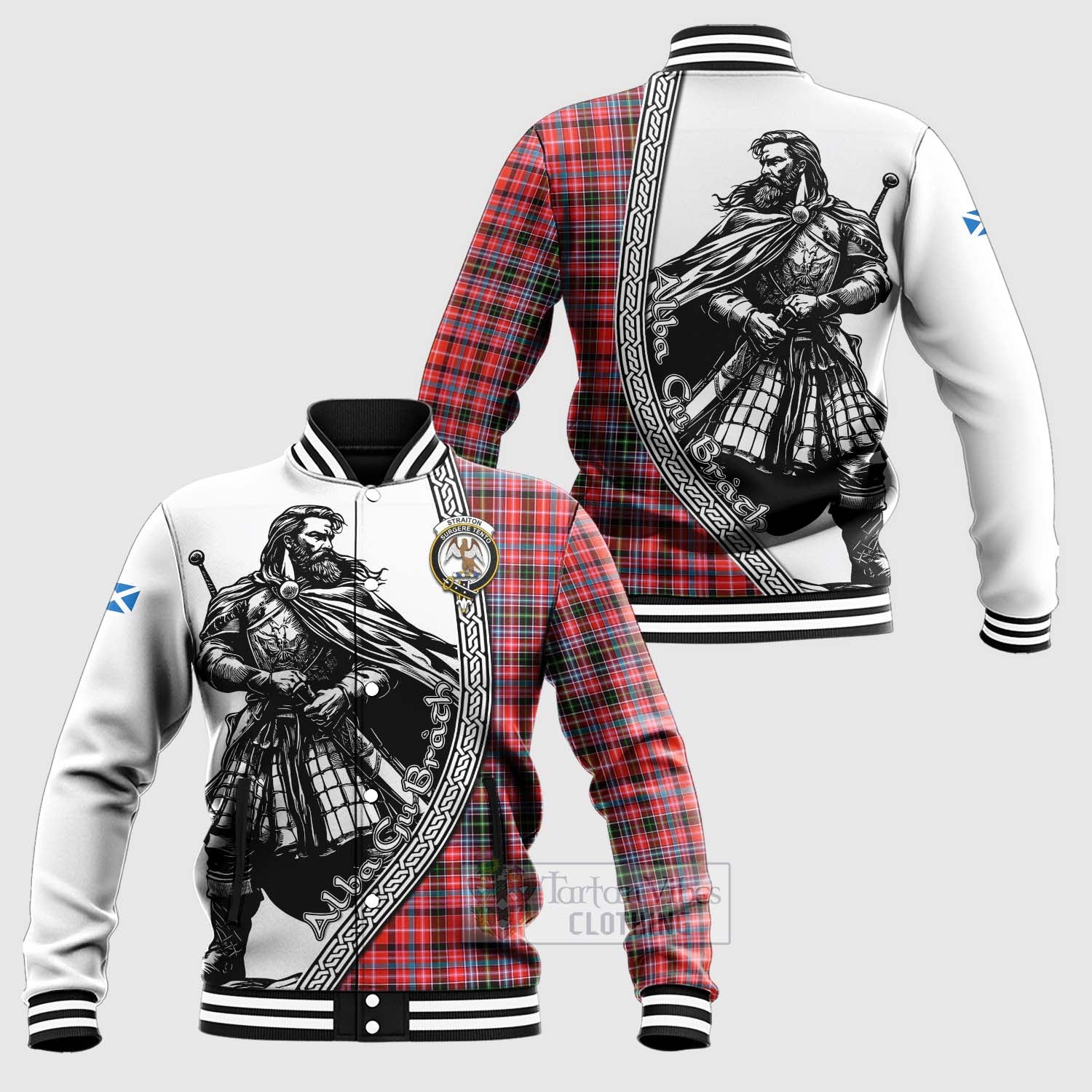 Tartan Vibes Clothing Straiton Tartan Clan Crest Baseball Jacket with Highlander Warrior Celtic Style