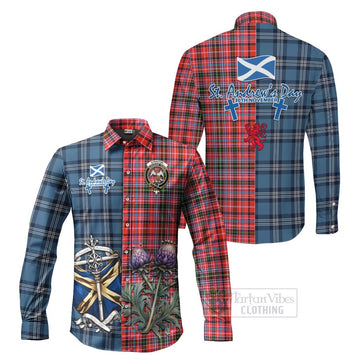 Straiton Tartan Long Sleeve Button Shirt Happy St. Andrew's Day Half Tartan Style