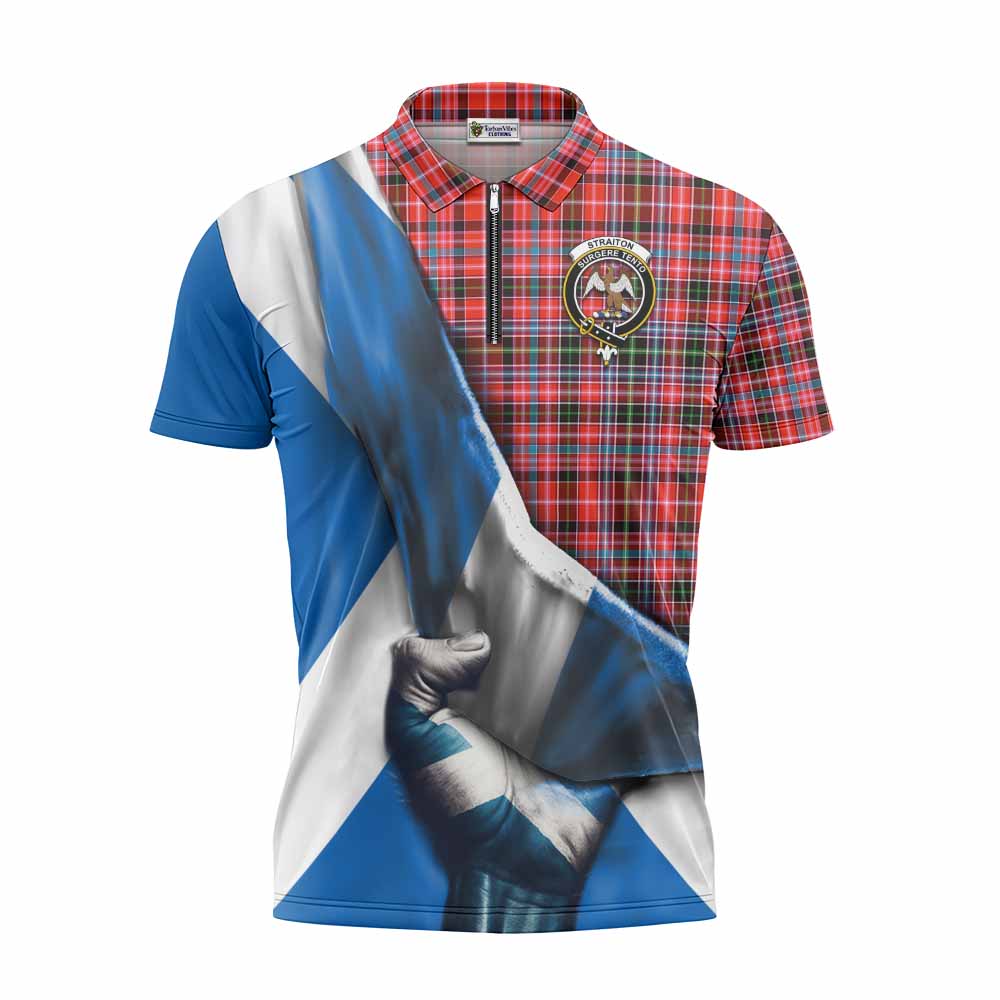 Tartan Vibes Clothing Straiton Tartan Zipper Polo Shirt with Family Crest Scotland Patriotic Style