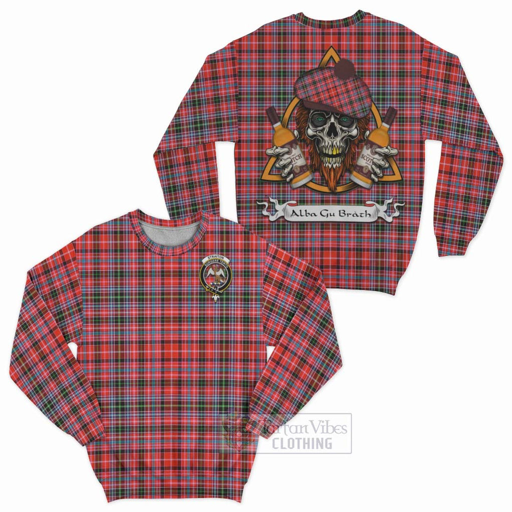 Tartan Vibes Clothing Straiton Tartan Sweatshirt with Family Crest and Bearded Skull Holding Bottles of Whiskey