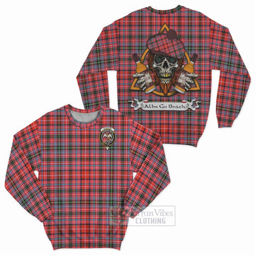 Straiton Tartan Sweatshirt with Family Crest and Bearded Skull Holding Bottles of Whiskey