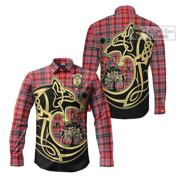 Straiton Tartan Long Sleeve Button Shirt with Family Crest Celtic Wolf Style