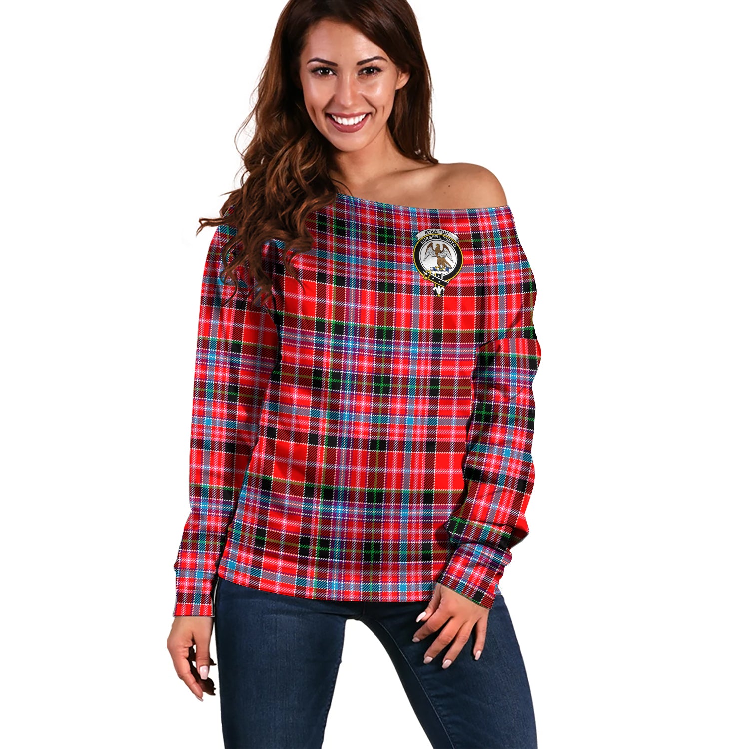 Straiton Tartan Off Shoulder Women Sweater with Family Crest Women - Tartanvibesclothing Shop