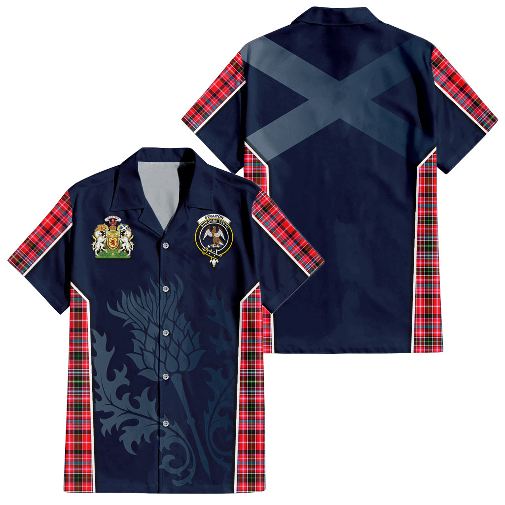 Tartan Vibes Clothing Straiton Tartan Short Sleeve Button Up Shirt with Family Crest and Scottish Thistle Vibes Sport Style