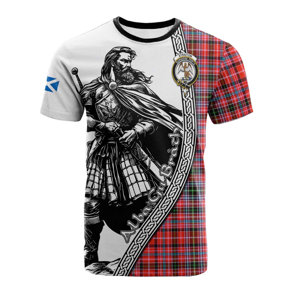 Straiton Tartan Clan Crest Cotton T-shirt with Highlander Warrior Celtic Style