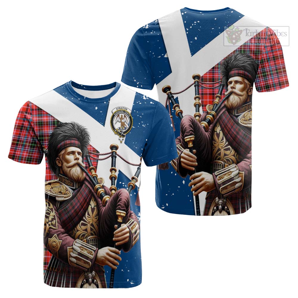 Tartan Vibes Clothing Straiton Tartan Cotton T-shirt with Family Crest Scottish Bagpiper Vibes