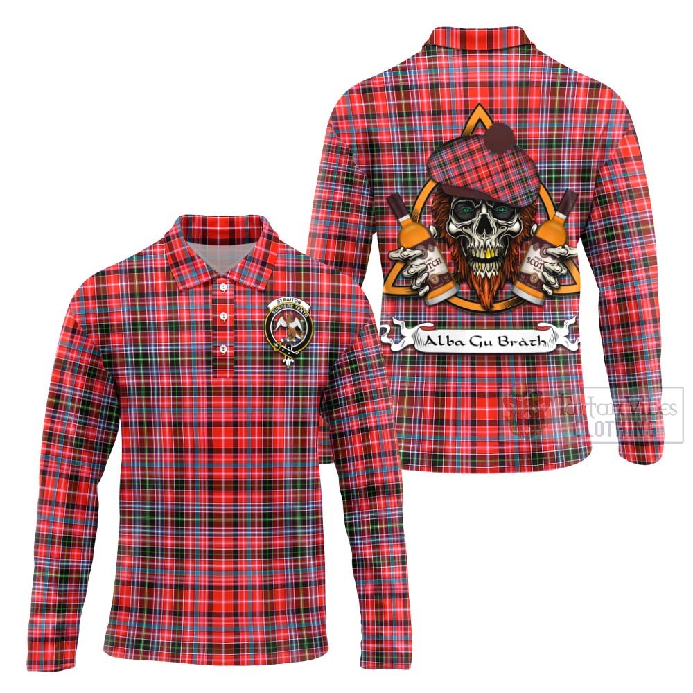 Tartan Vibes Clothing Straiton Tartan Long Sleeve Polo Shirt with Family Crest and Bearded Skull Holding Bottles of Whiskey