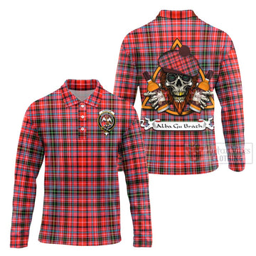 Straiton Tartan Long Sleeve Polo Shirt with Family Crest and Bearded Skull Holding Bottles of Whiskey