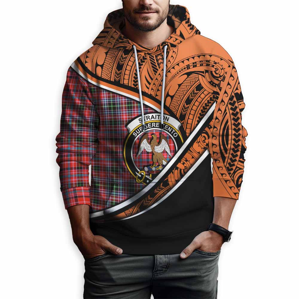 Tartan Vibes Clothing Straiton Crest Tartan Hoodie with Maori Tattoo Style - Orange Version