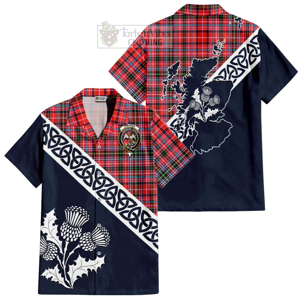 Tartan Vibes Clothing Straiton Tartan Short Sleeve Button Shirt Featuring Thistle and Scotland Map