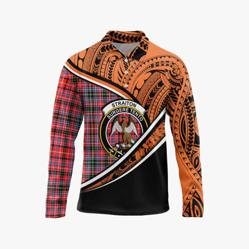 Straiton Crest Tartan Long Sleeve Polo Shirt with Polynesian Vibes Style - Orange Version