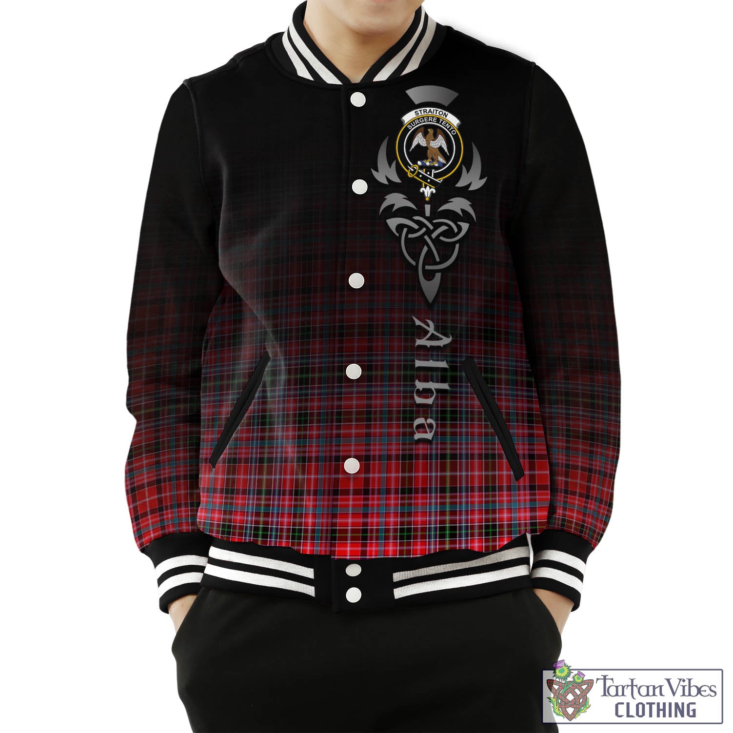 Tartan Vibes Clothing Straiton Tartan Baseball Jacket Featuring Alba Gu Brath Family Crest Celtic Inspired