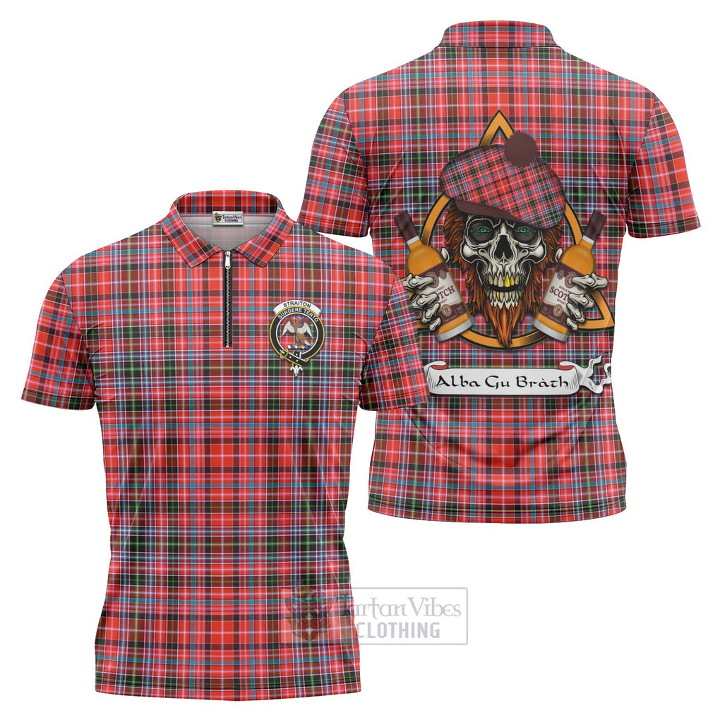 Tartan Vibes Clothing Straiton Tartan Zipper Polo Shirt with Family Crest and Bearded Skull Holding Bottles of Whiskey