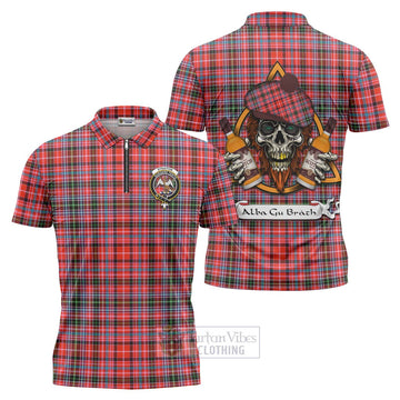 Straiton Tartan Zipper Polo Shirt with Family Crest and Bearded Skull Holding Bottles of Whiskey