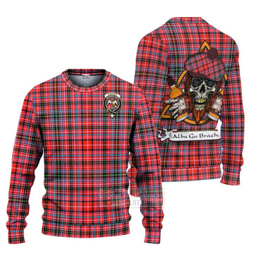 Straiton Tartan Ugly Sweater with Family Crest and Bearded Skull Holding Bottles of Whiskey