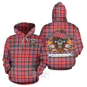 Straiton Tartan Hoodie with Family Crest and Bearded Skull Holding Bottles of Whiskey