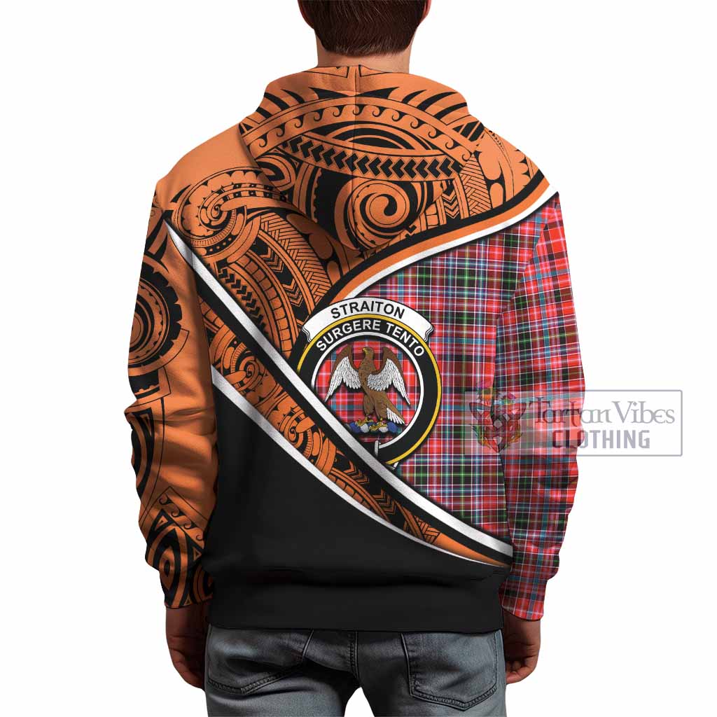 Tartan Vibes Clothing Straiton Crest Tartan Hoodie with Maori Tattoo Style - Orange Version