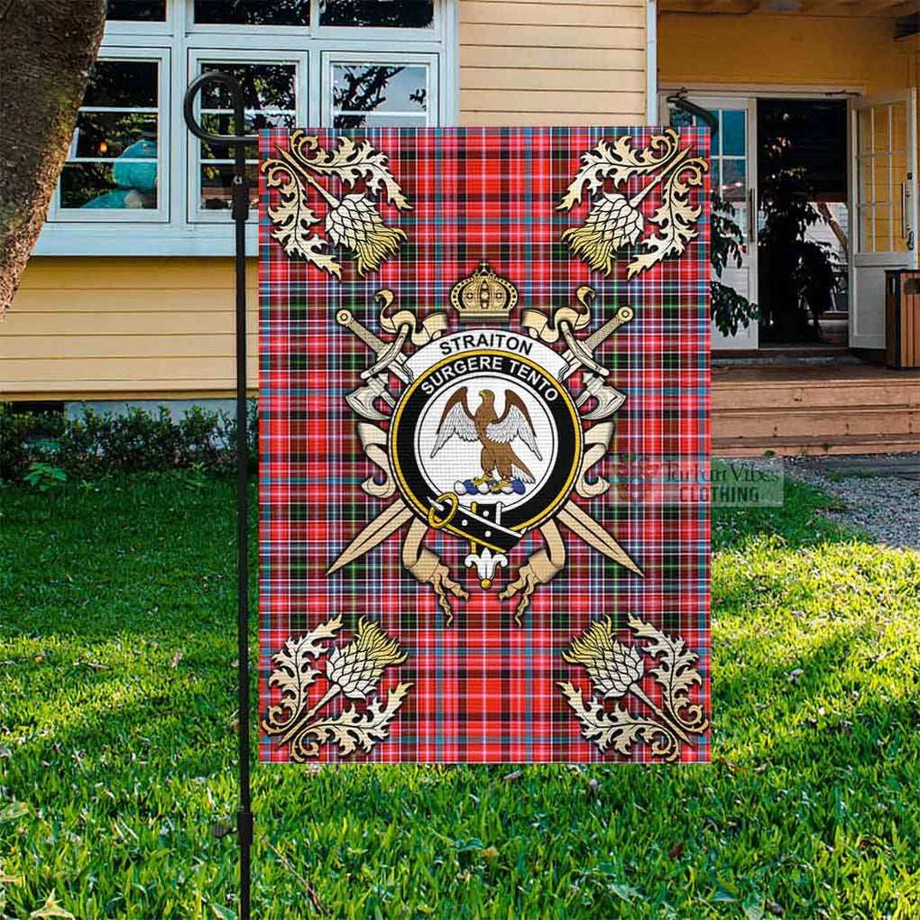 Tartan Vibes Clothing Straiton Tartan Flag with Family Crest and Golden Thistle Crossed Sword Design