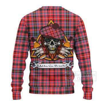 Straiton Tartan Ugly Sweater with Family Crest and Bearded Skull Holding Bottles of Whiskey