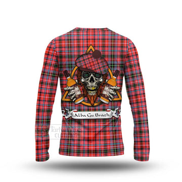 Straiton Tartan Long Sleeve T-Shirt with Family Crest and Bearded Skull Holding Bottles of Whiskey