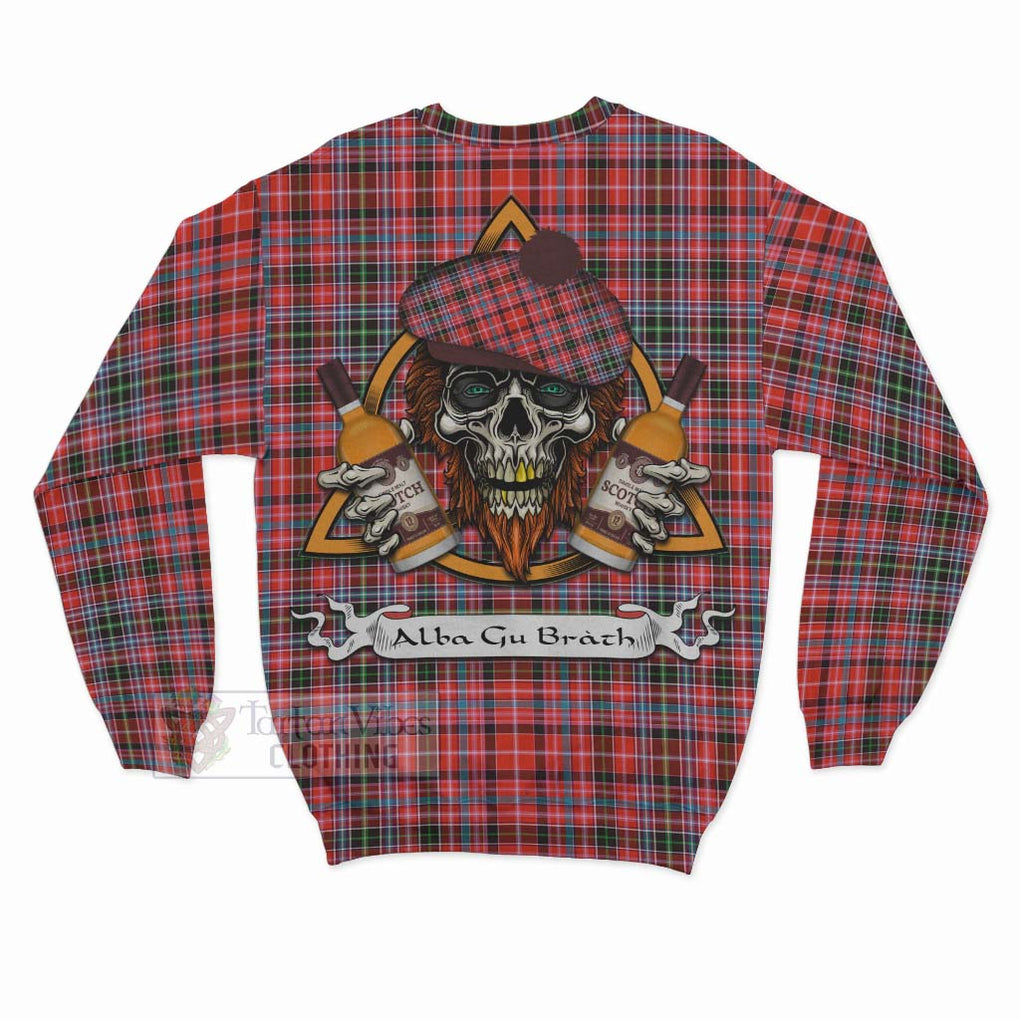 Tartan Vibes Clothing Straiton Tartan Sweatshirt with Family Crest and Bearded Skull Holding Bottles of Whiskey