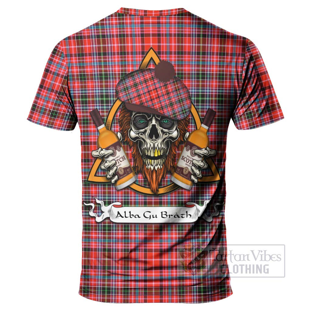 Tartan Vibes Clothing Straiton Tartan T-Shirt with Family Crest and Bearded Skull Holding Bottles of Whiskey