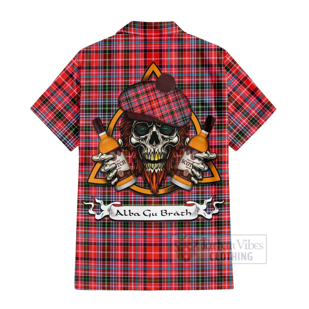 Tartan Vibes Clothing Straiton Tartan Short Sleeve Button Shirt with Family Crest and Bearded Skull Holding Bottles of Whiskey