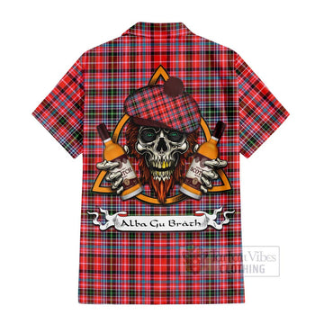 Straiton Tartan Short Sleeve Button Shirt with Family Crest and Bearded Skull Holding Bottles of Whiskey