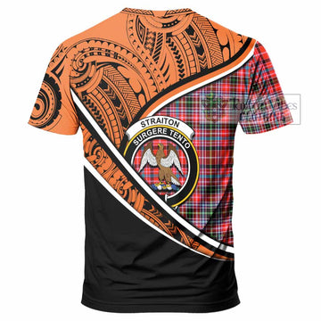 Straiton Crest Tartan T-Shirt with Polynesian Vibes Style - Orange Version