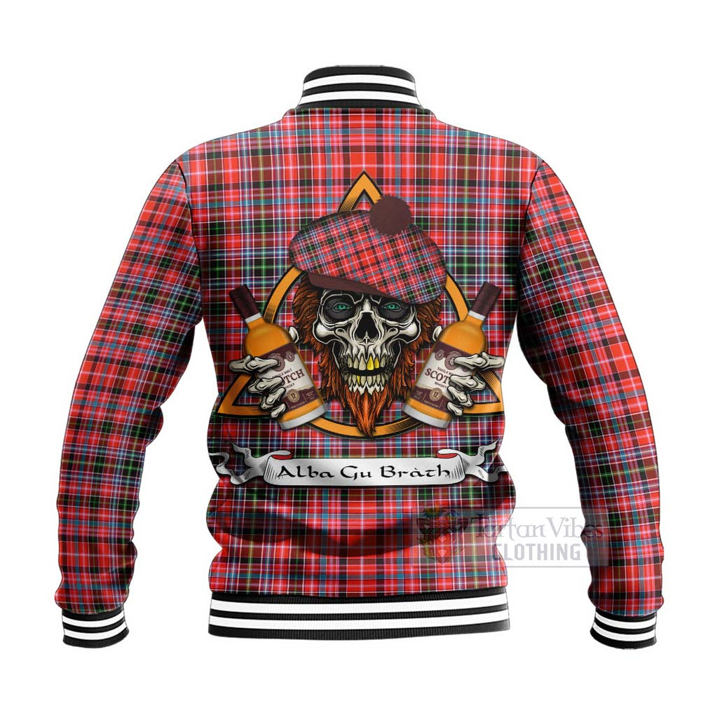 Tartan Vibes Clothing Straiton Tartan Baseball Jacket with Family Crest and Bearded Skull Holding Bottles of Whiskey