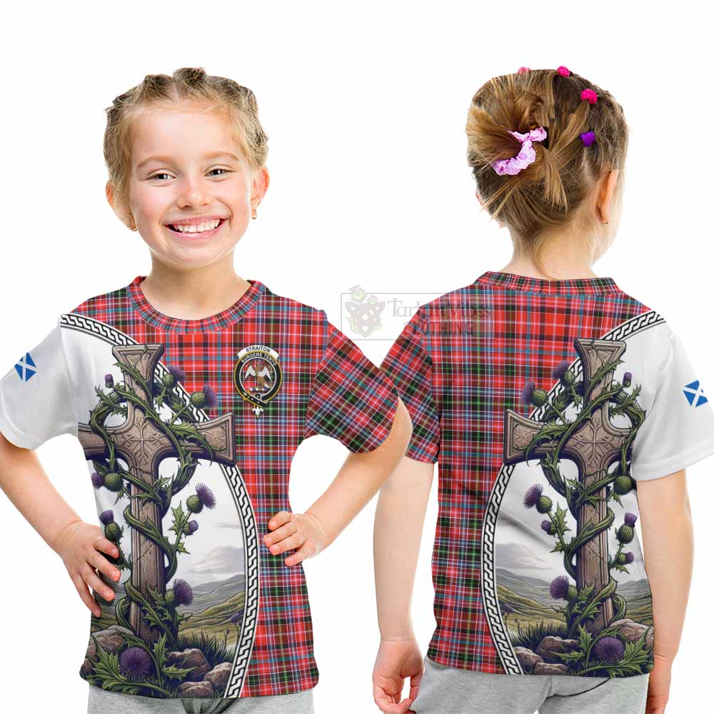 Tartan Vibes Clothing Straiton Tartan Kid T-Shirt with Family Crest and St. Andrew's Cross Accented by Thistle Vines