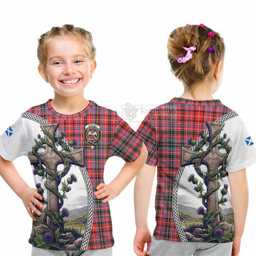 Straiton Tartan Kid T-Shirt with Family Crest and St. Andrew's Cross Accented by Thistle Vines