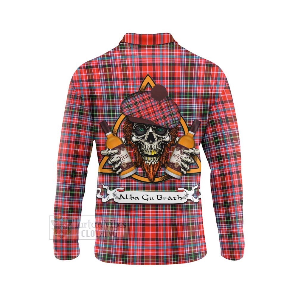 Tartan Vibes Clothing Straiton Tartan Long Sleeve Polo Shirt with Family Crest and Bearded Skull Holding Bottles of Whiskey