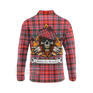 Straiton Tartan Long Sleeve Polo Shirt with Family Crest and Bearded Skull Holding Bottles of Whiskey