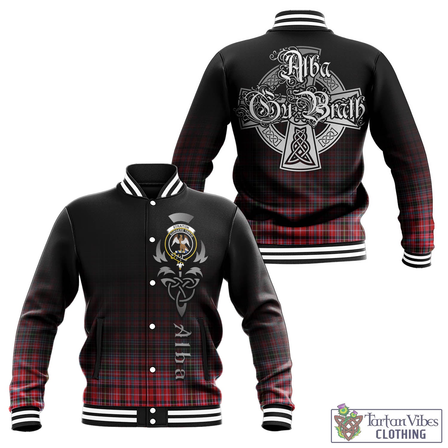 Tartan Vibes Clothing Straiton Tartan Baseball Jacket Featuring Alba Gu Brath Family Crest Celtic Inspired