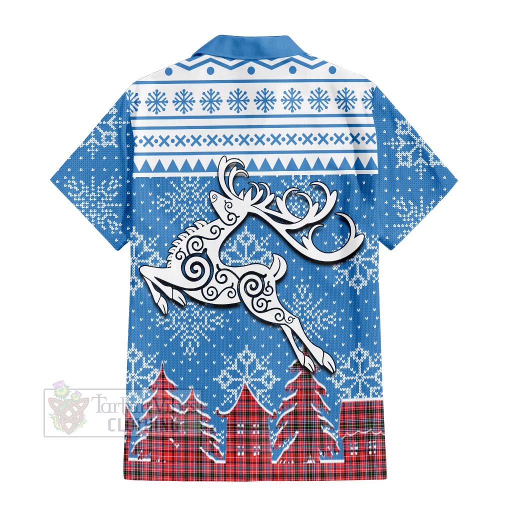 Tartan Vibes Clothing Straiton Clan Christmas Short Sleeve Button Shirt Celtic Reindeer Style