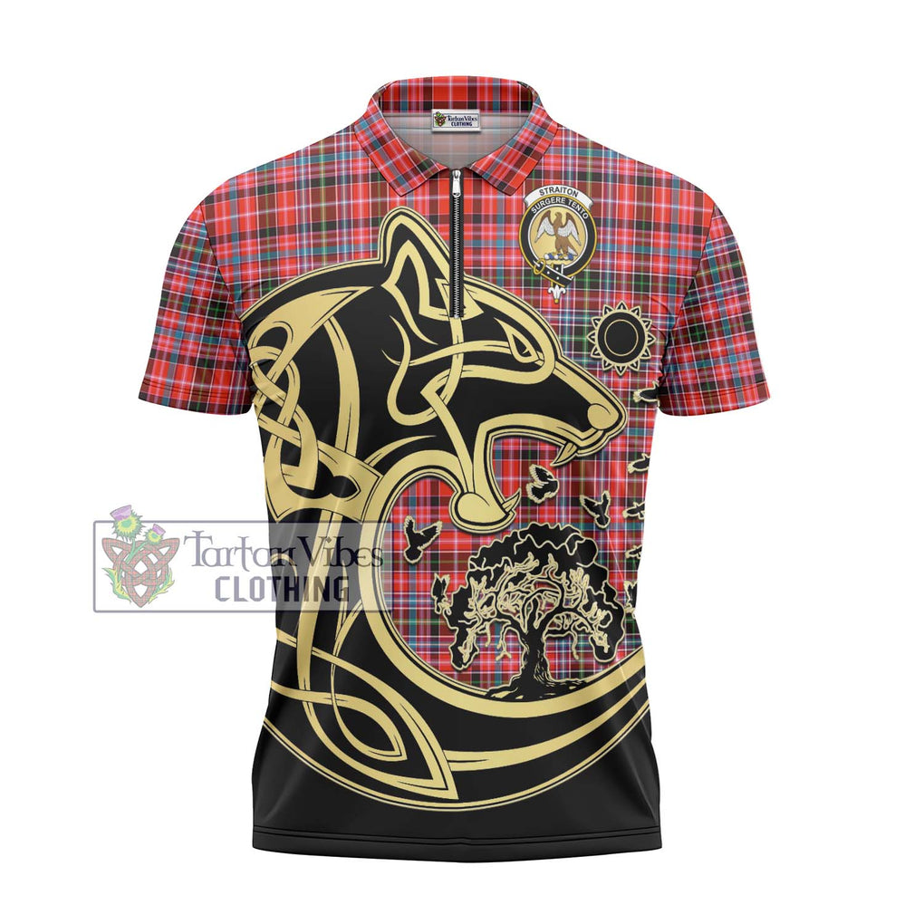 Straiton Tartan Zipper Polo Shirt with Family Crest Celtic Wolf Style - Tartanvibesclothing Shop