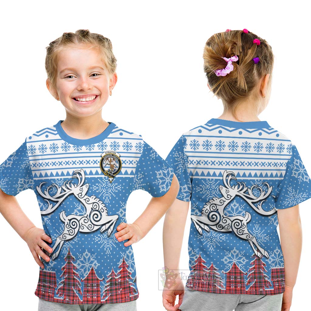 Tartan Vibes Clothing Straiton Clan Christmas Kid T-Shirt Celtic Reindeer Style