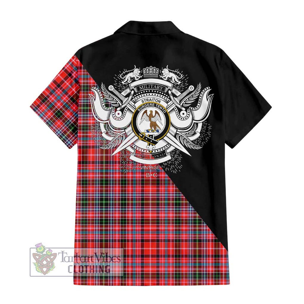 Straiton Tartan Short Sleeve Button Shirt with Family Crest and Military Logo Style - Tartanvibesclothing Shop